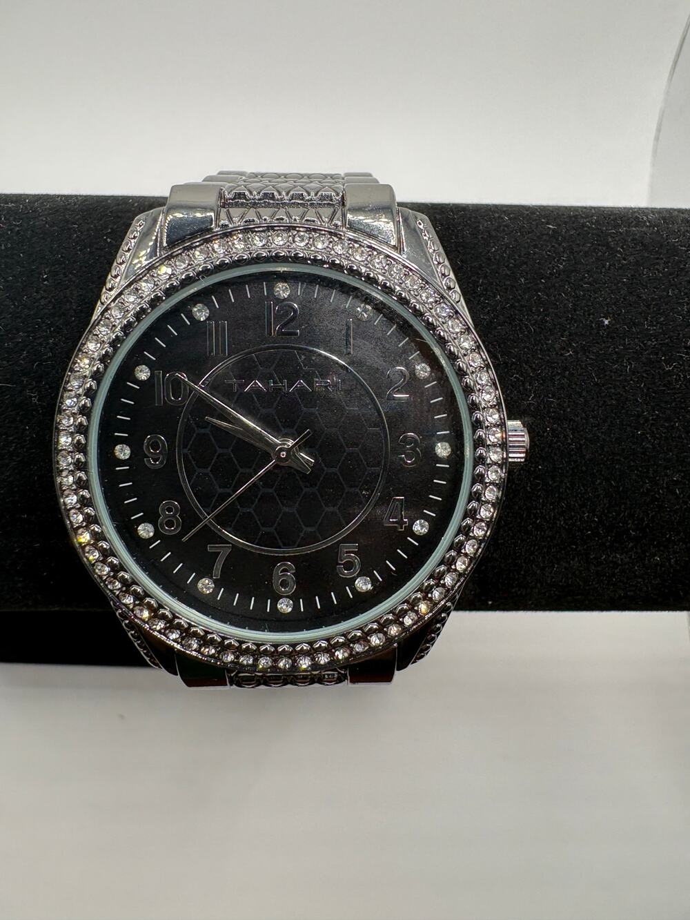 Tahari Crystal Bezel Black Dial Silver Watch